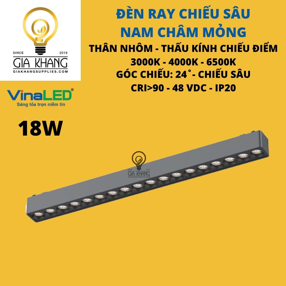 Đèn rọi chiếu sâu dowlight ray nam châm mỏng cao cấp 18W vinaled - hệ ray M26 - Gia Khang Supplies