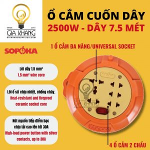 ổ cắm cuộn có công tắc lõi sứ dài 7,5 mét công suất 2500W của Sopoka