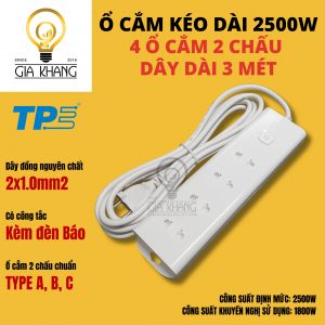 ổ cắm kéo dài 2500w dây dài 3 met 4 ổ cắm có công tắc